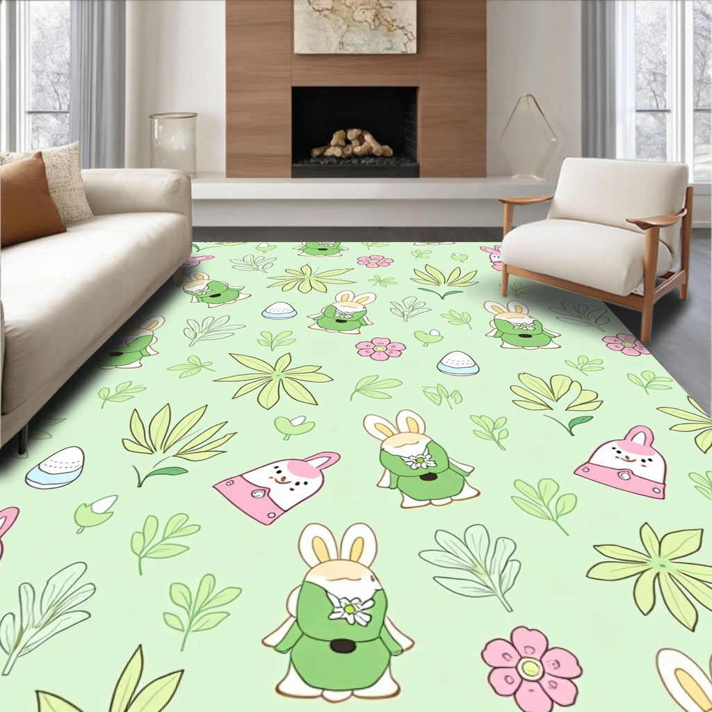 Charming Pink Green Bunny Spring Floral Rug