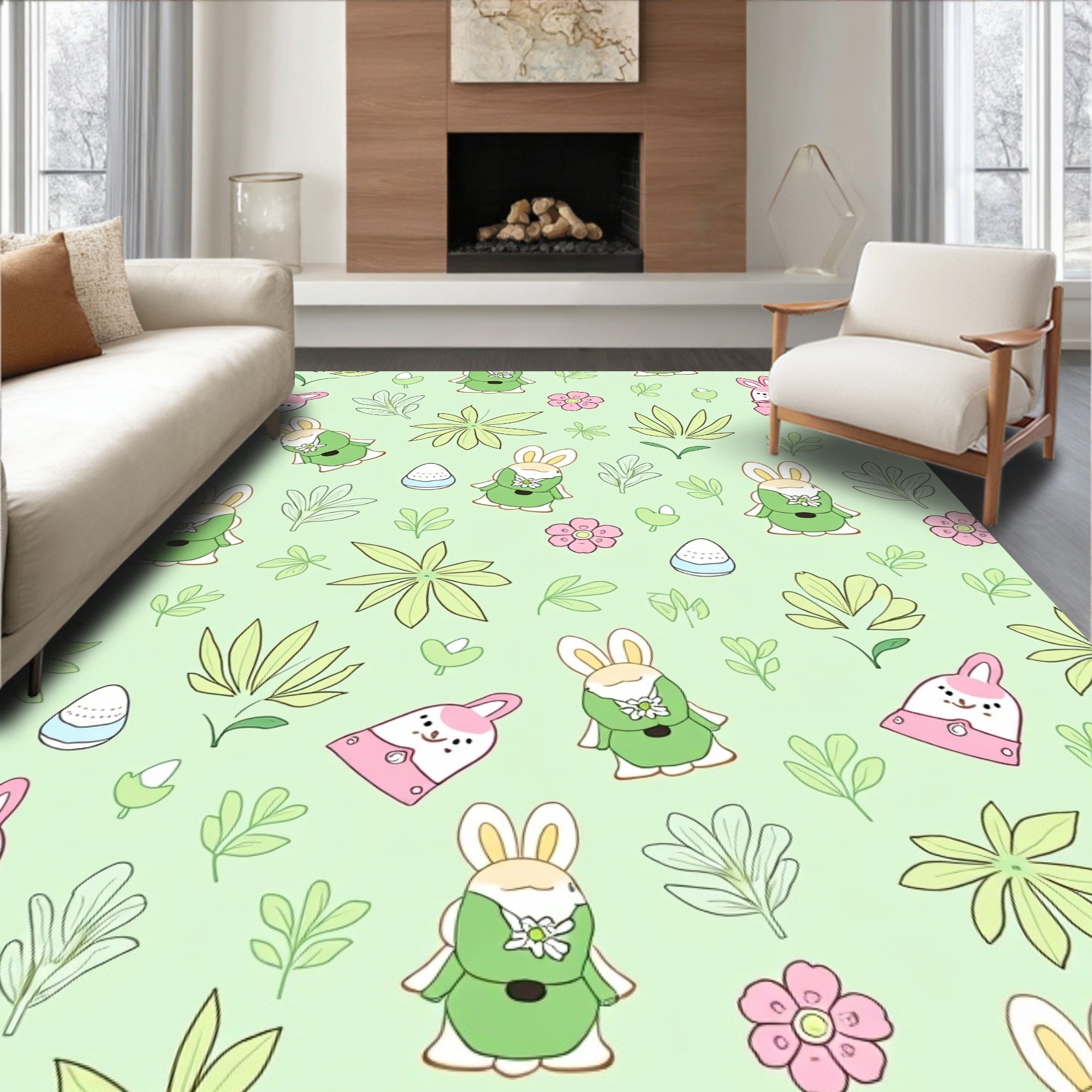 Charming Pink Green Bunny Spring Floral Rug