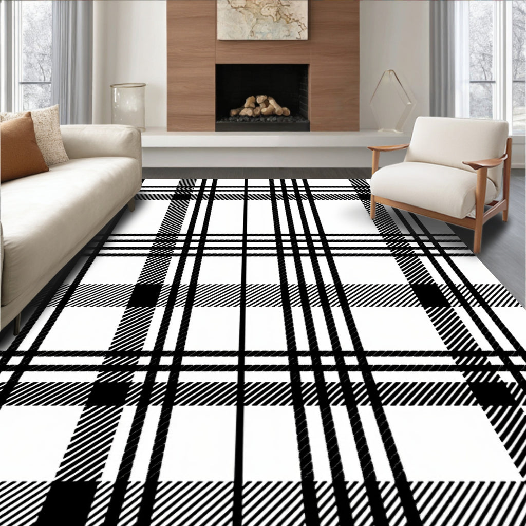 Classic Black White Plaid Lines Rug