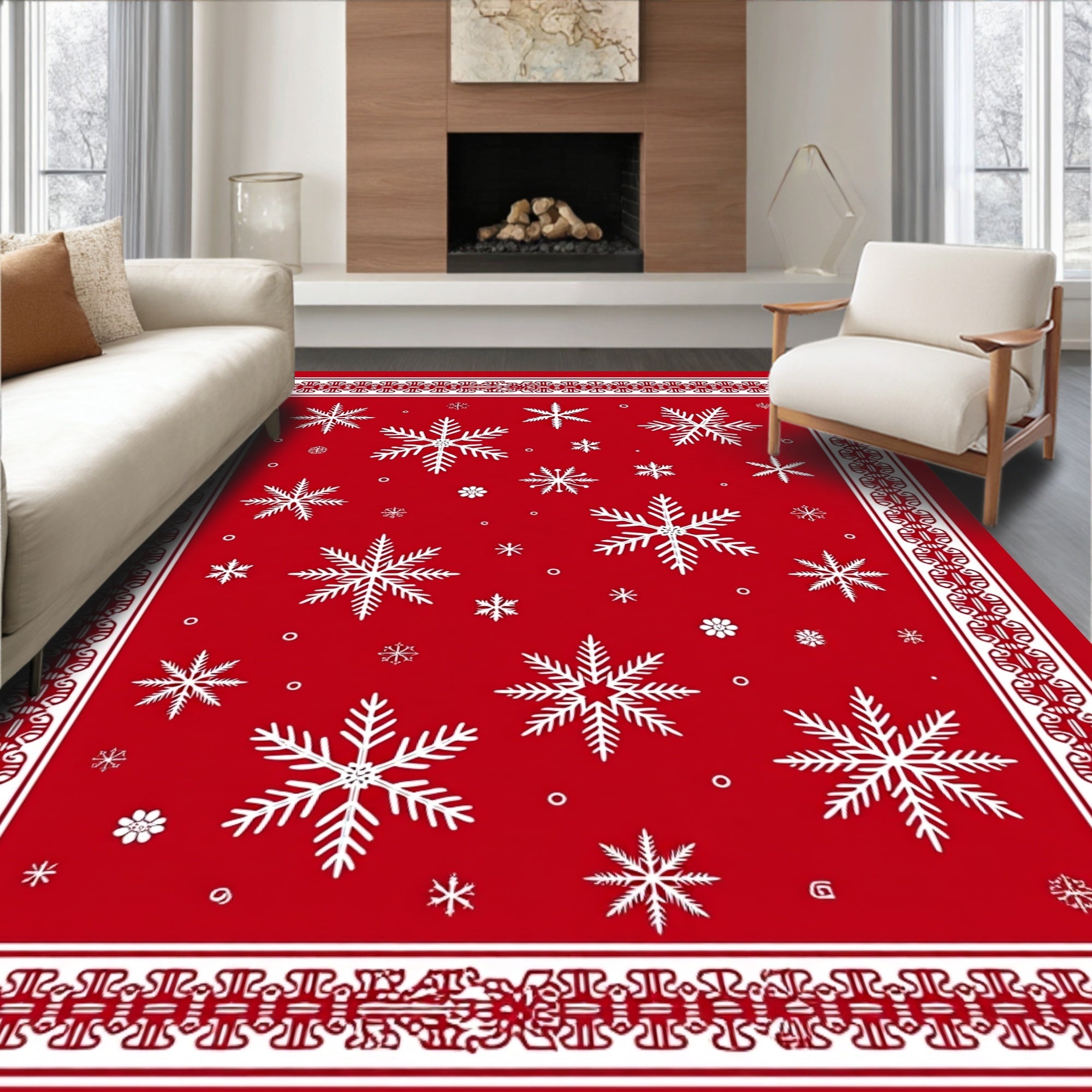 Red White Snowflake Holiday Border Rug