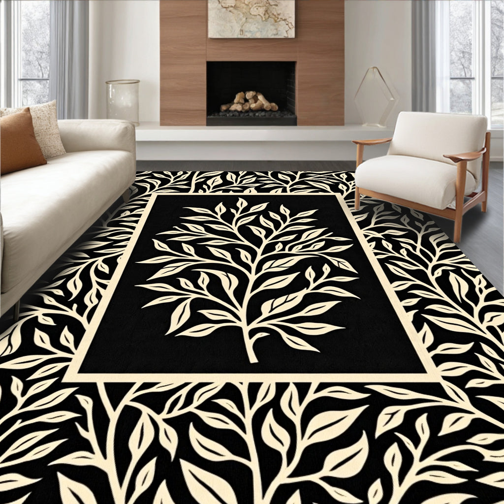 Black and Cream Botanical Scroll Rug