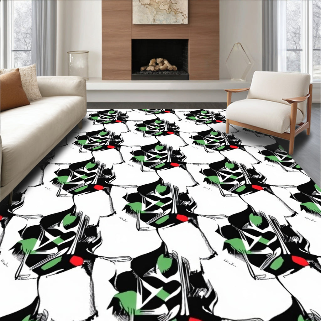 Abstract Black White Green Red Irregular Shapes Rug