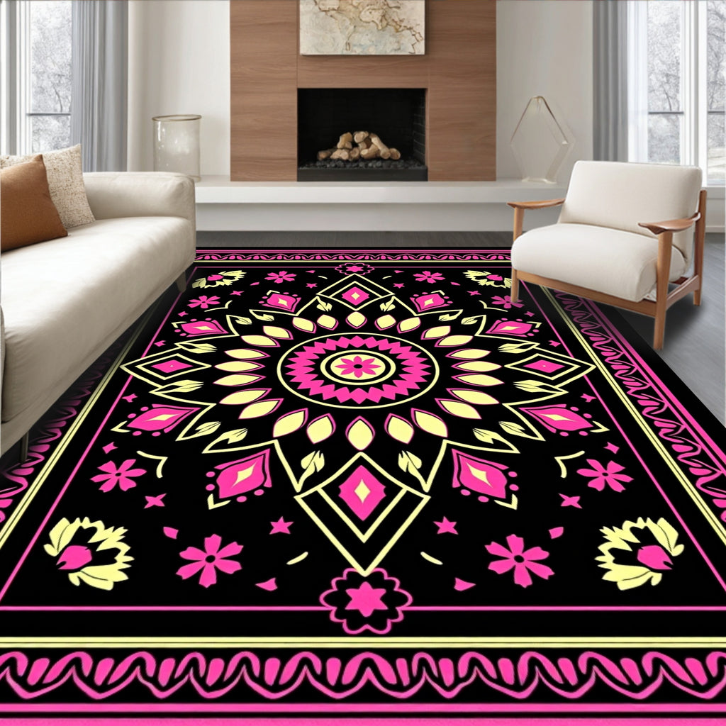 Vibrant Pink Yellow Mandala Flowers Rug