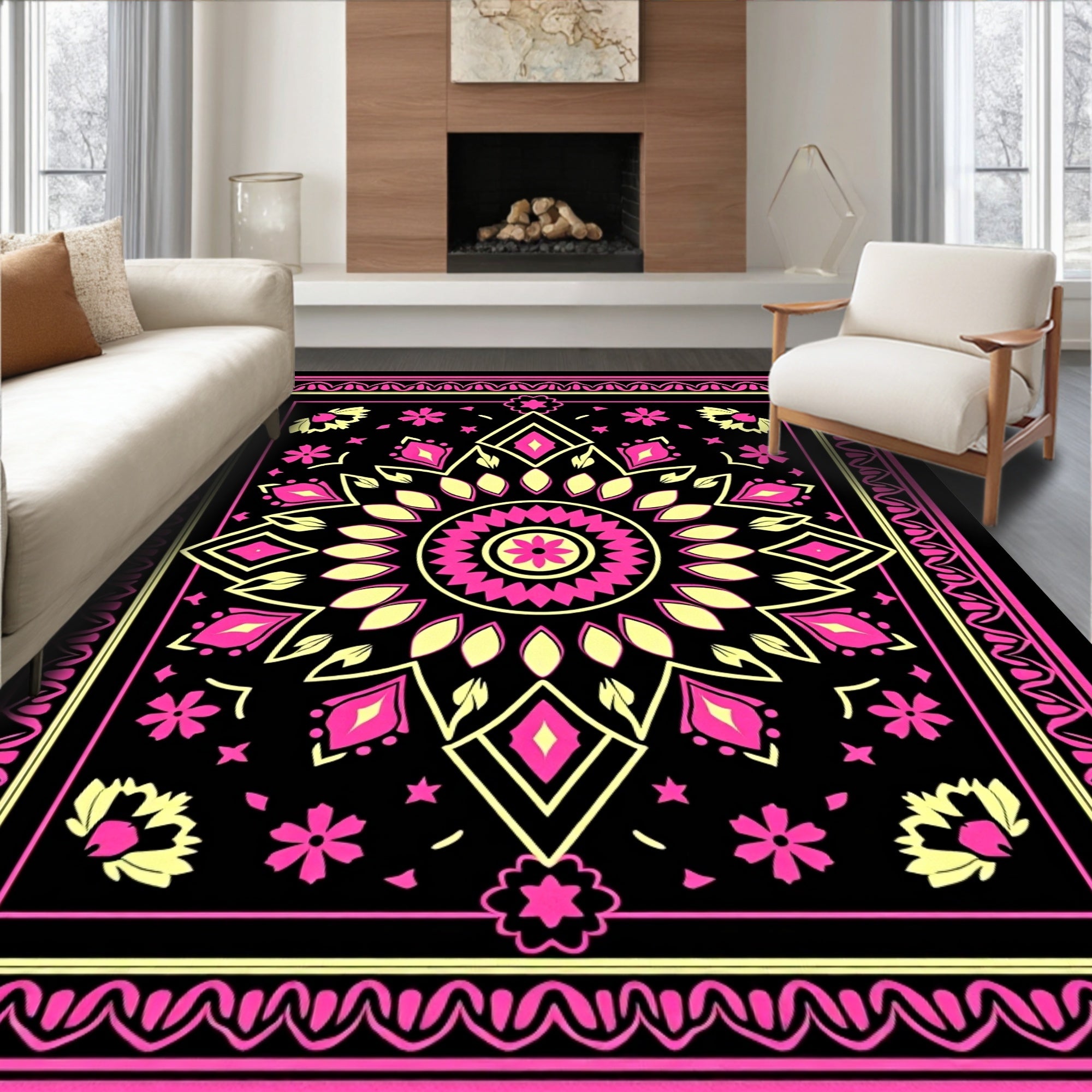 Vibrant Pink Yellow Mandala Flowers Rug