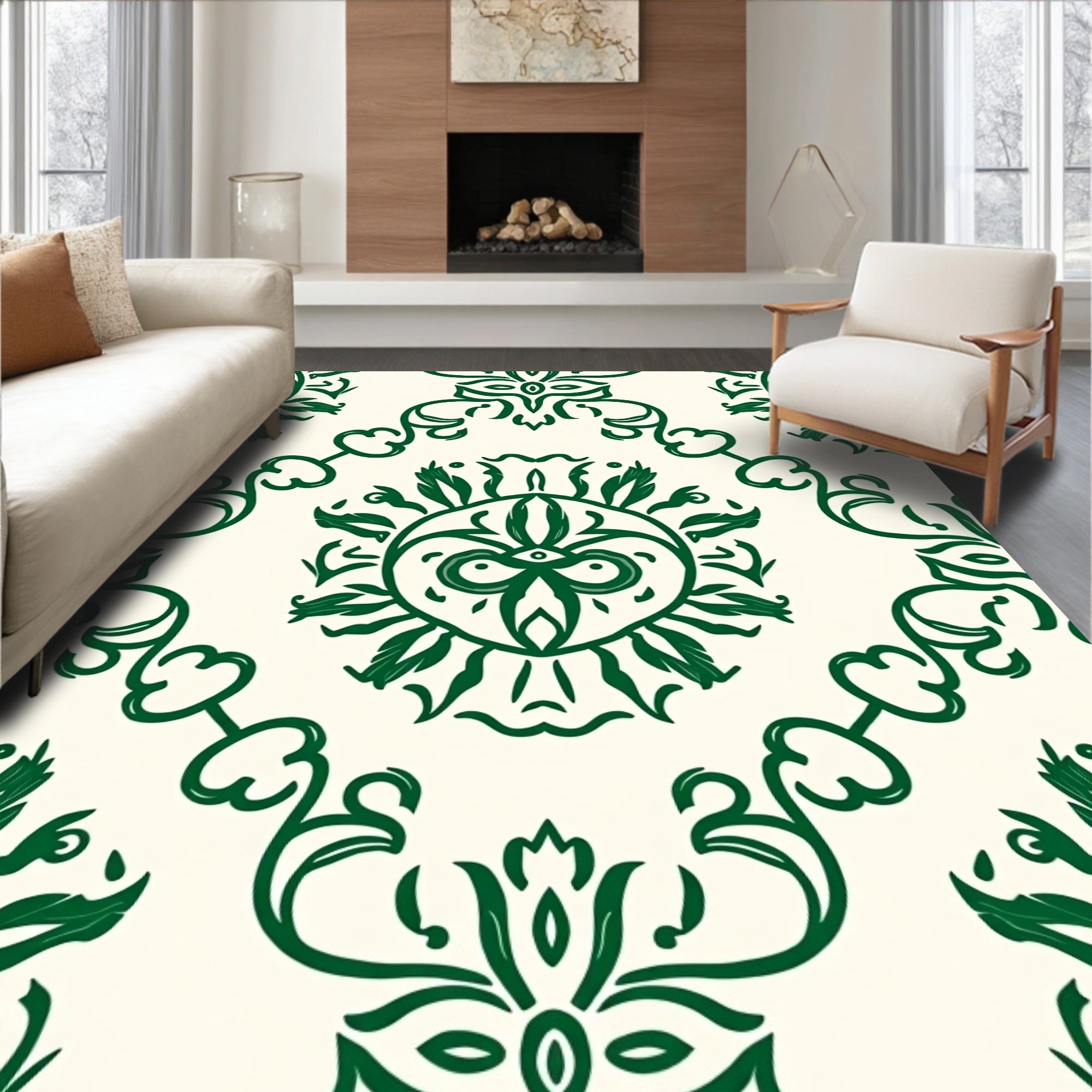Forest Green Floral Swirl Medallion Rug