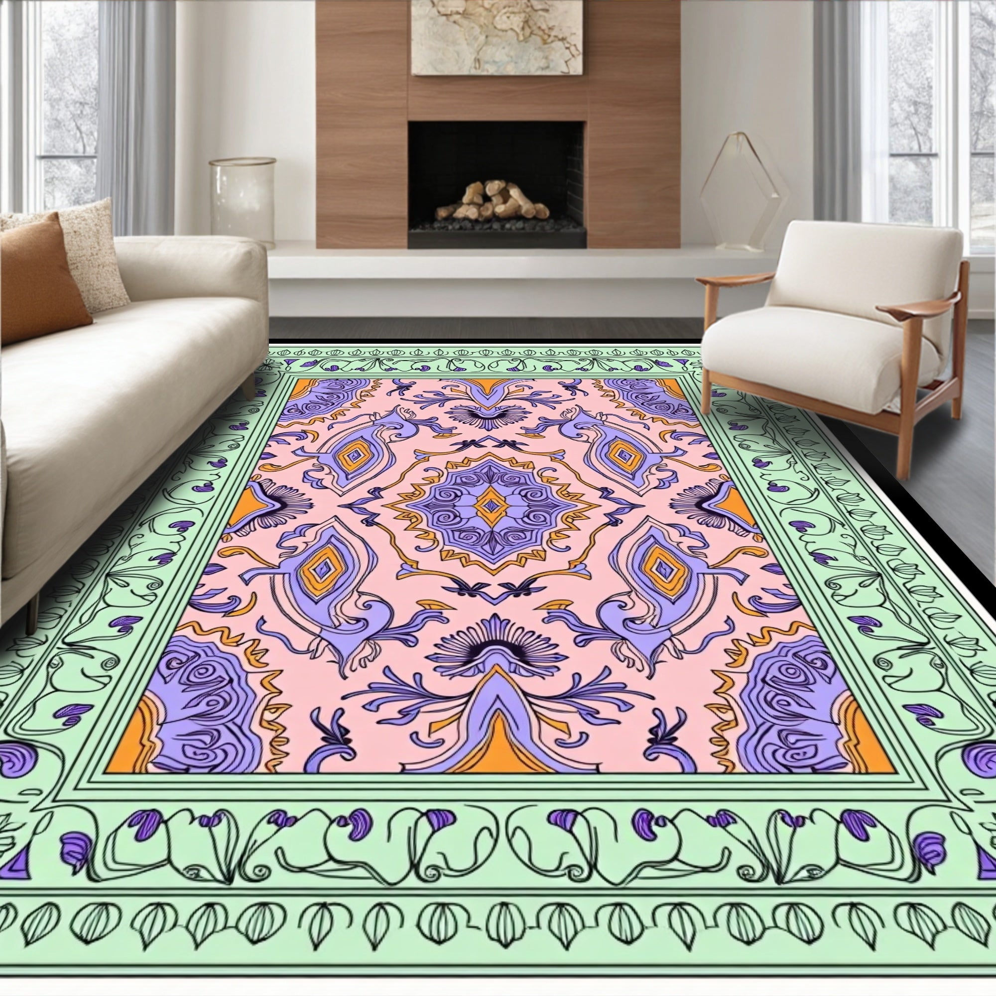 Pale Pink Purple Orange Ornate Border Rug