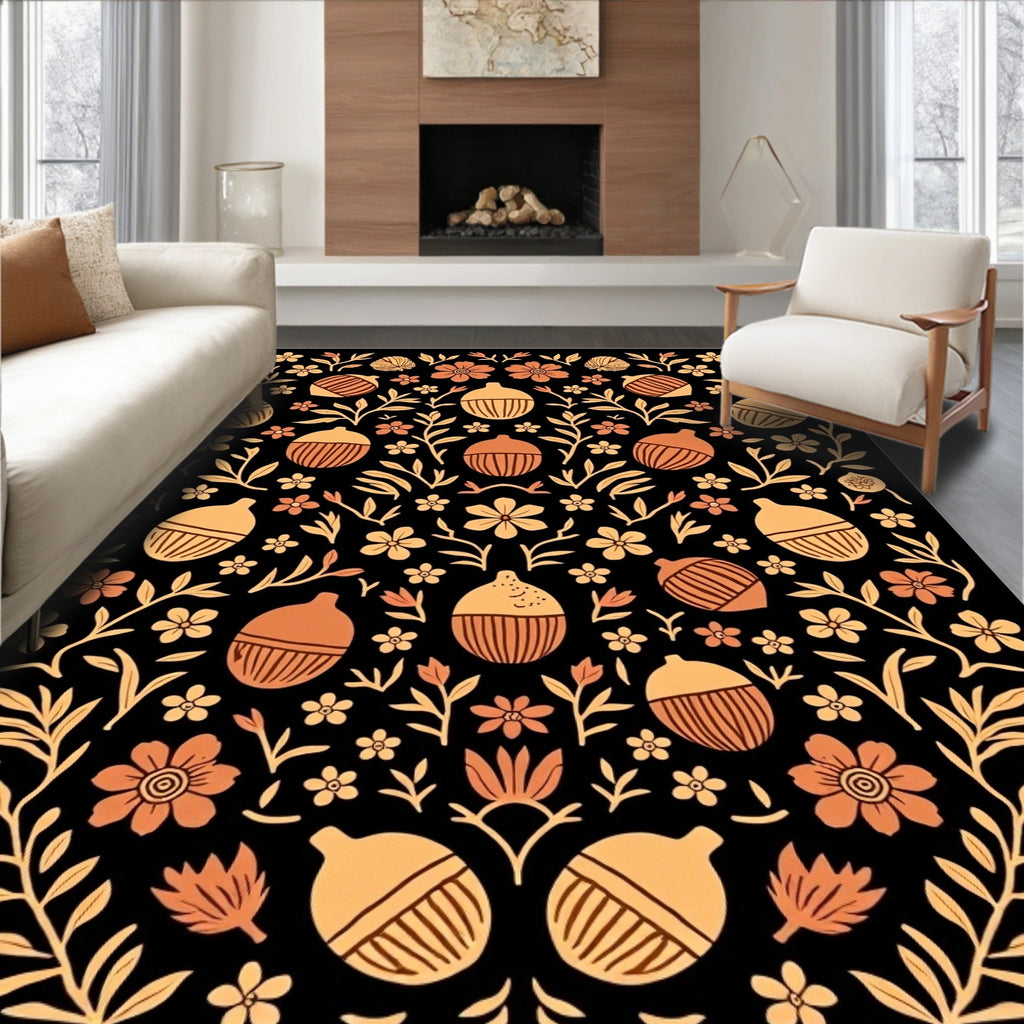 Orange Acorn Floral Black Background Rug