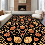 Orange Acorn Floral Black Background Rug