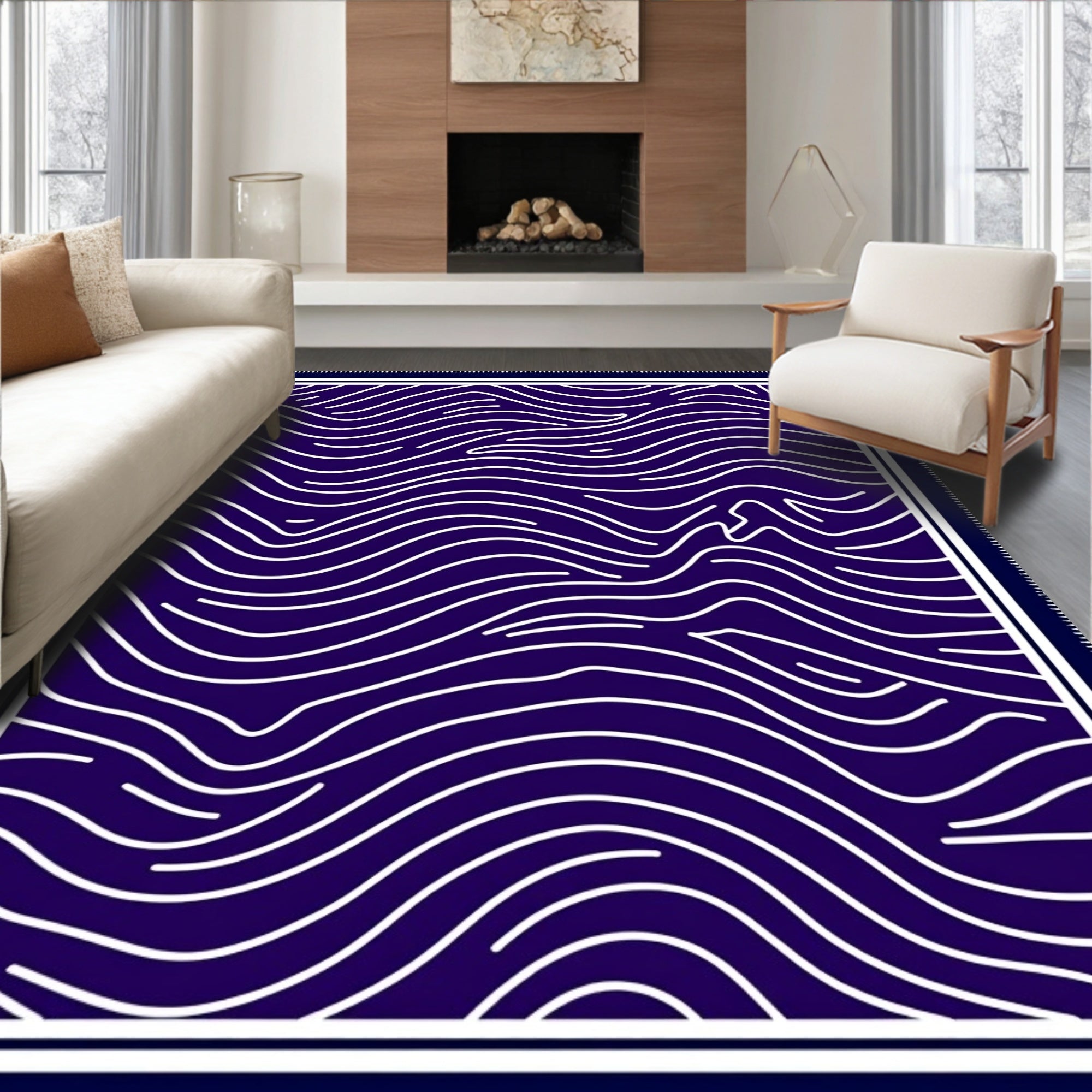 Deep Blue White Swirling Line Rug