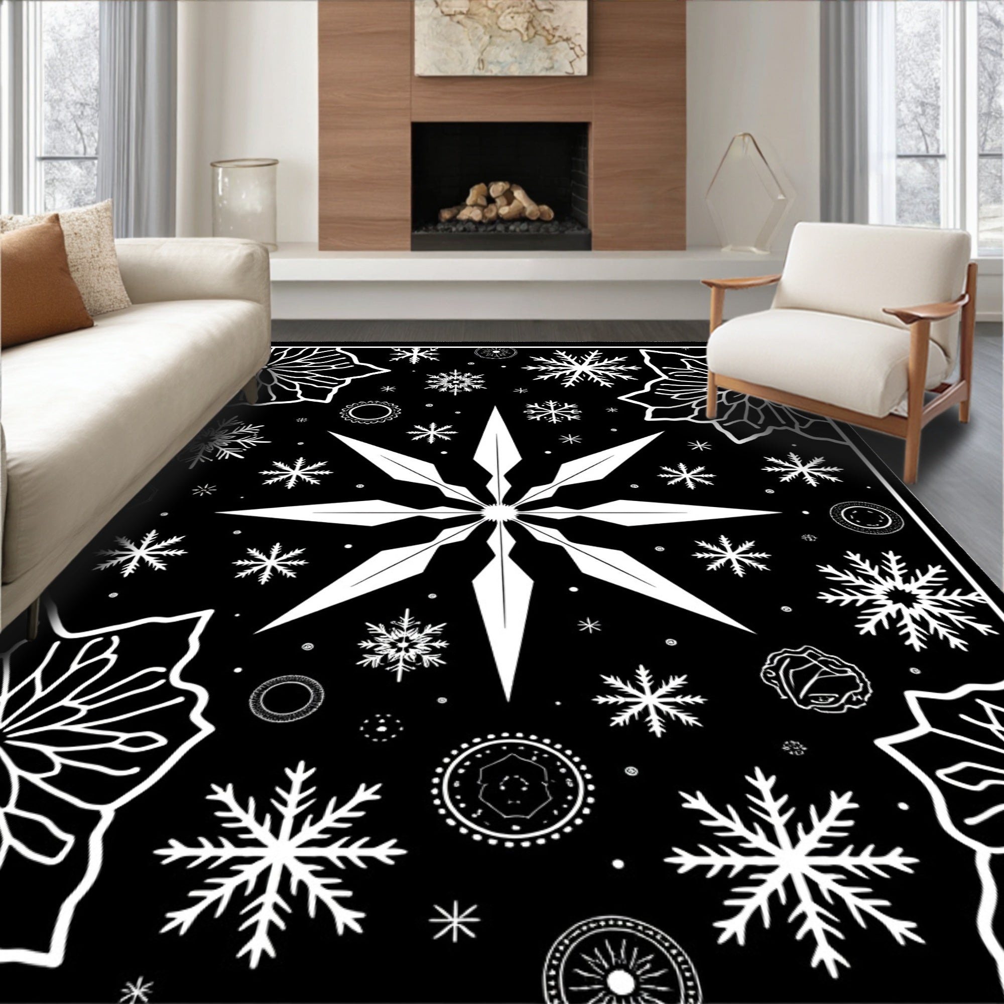 Black White Snowflake Medallion Star Rug