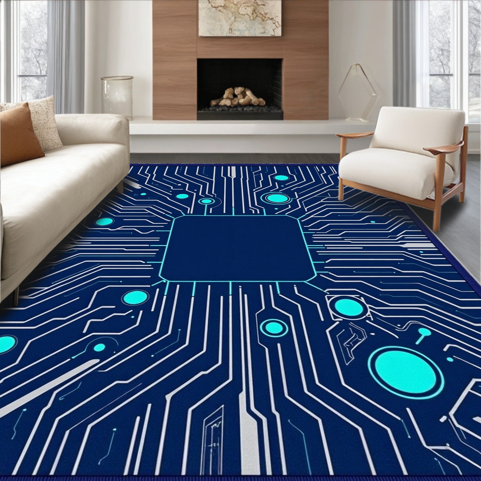 Circuit Board Electric Blue Green Rug