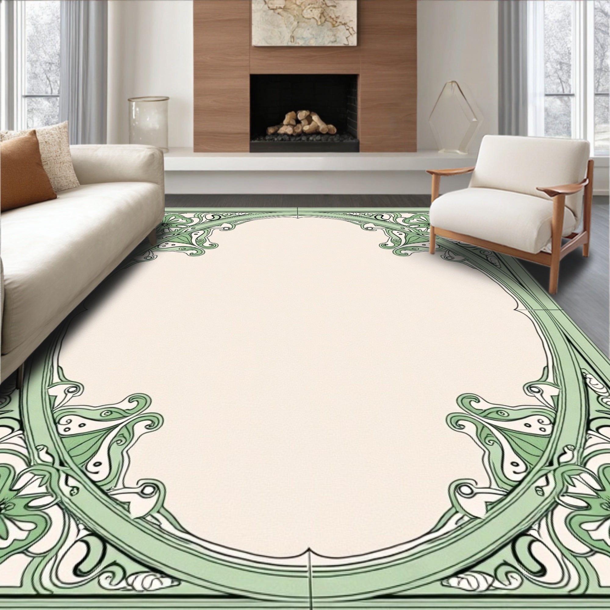 Soft Green Floral Art Nouveau Frame Rug