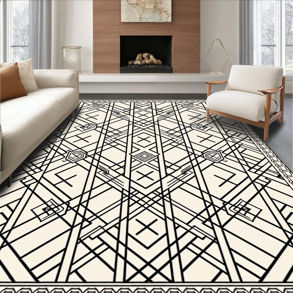 Cream Black Geometric Art Deco Rug