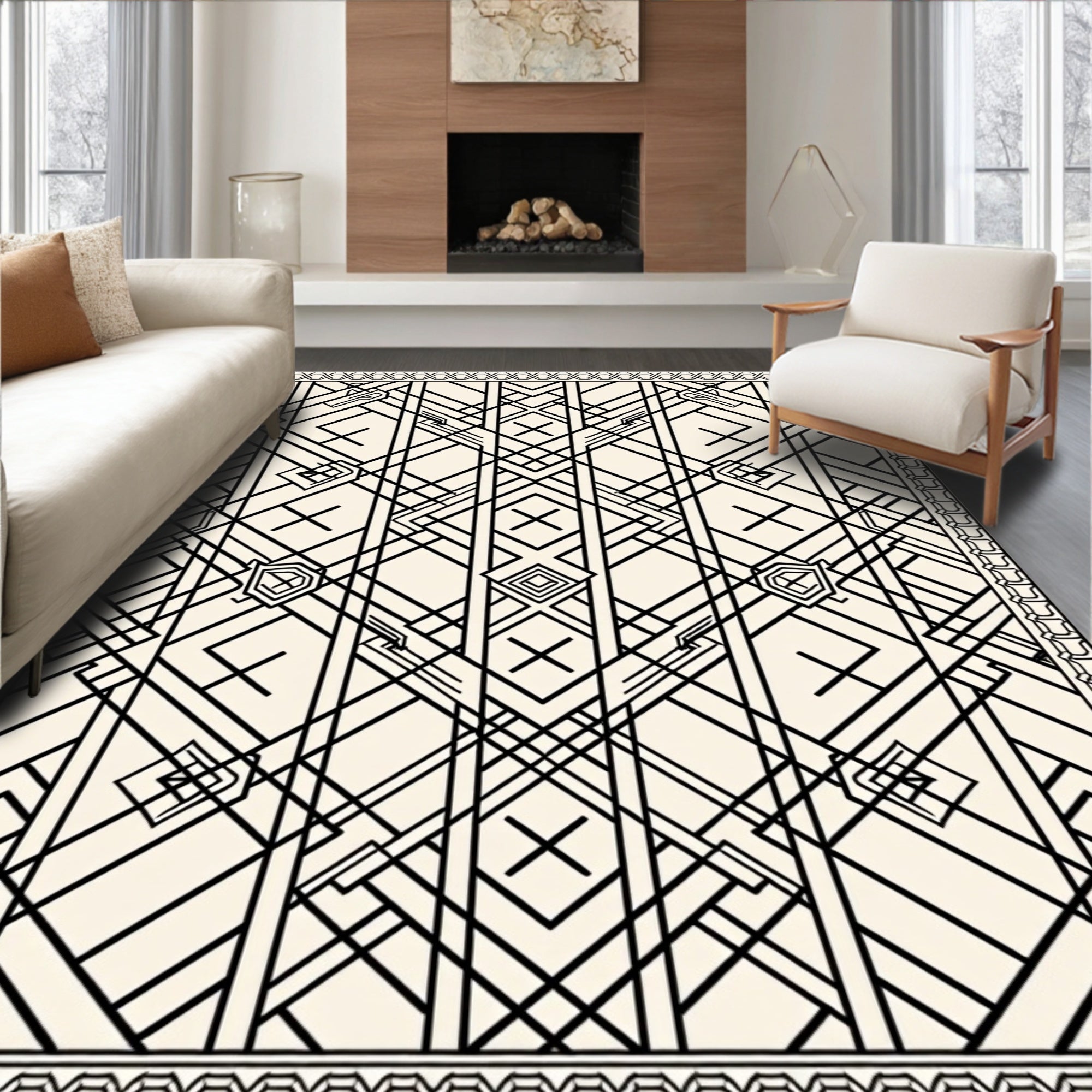 Cream Black Geometric Art Deco Rug
