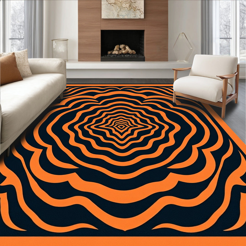 Orange Ripples Concentric Dark Blue Rug