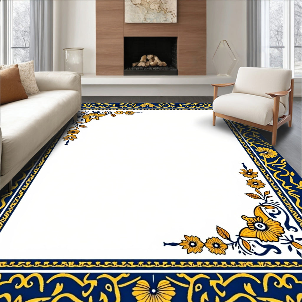 Navy Blue Golden Floral Border Rug