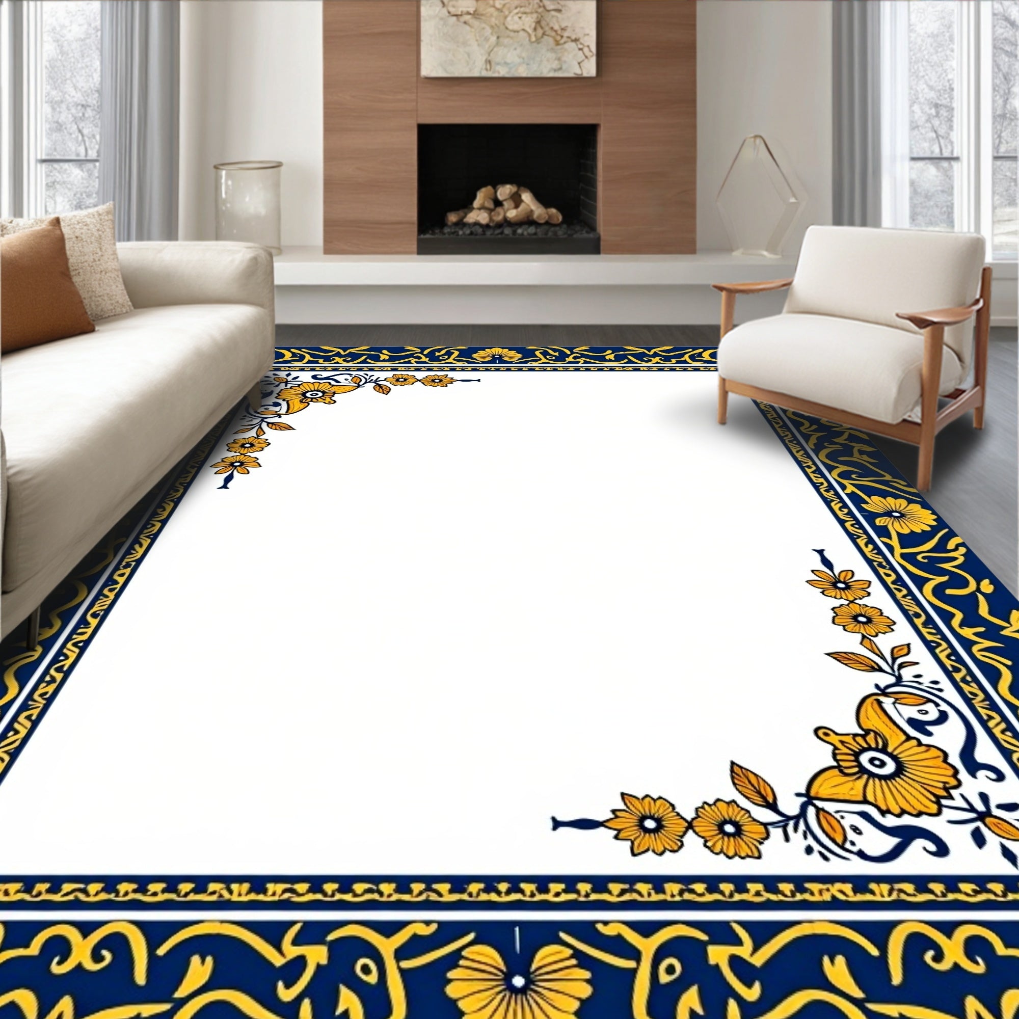 Navy Blue Golden Floral Border Rug