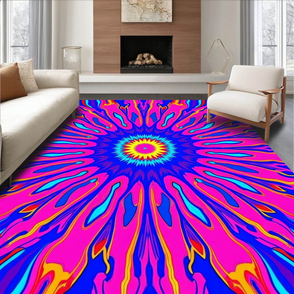 Vibrant Psychedelic Sunburst Mandala Rug