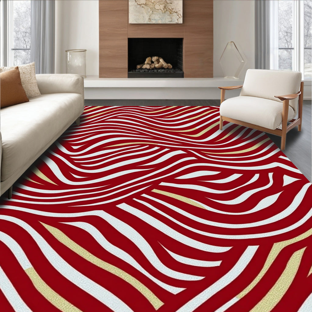 Crimson White Gold Curving Lines Rug