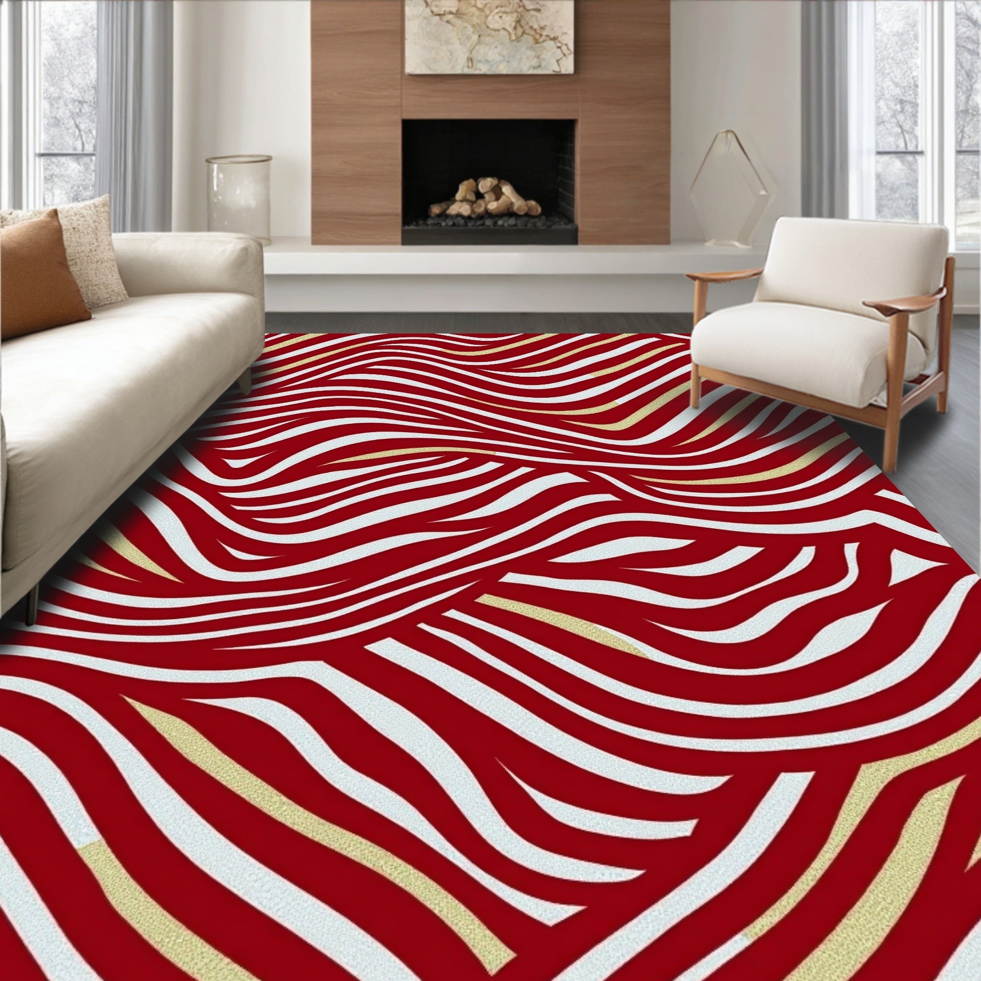 Crimson White Gold Curving Lines Rug