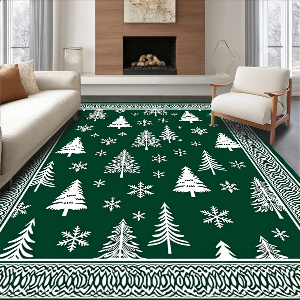 Forest Green Christmas Trees Snowflakes Border Rug