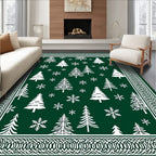 Forest Green Christmas Trees Snowflakes Border Rug