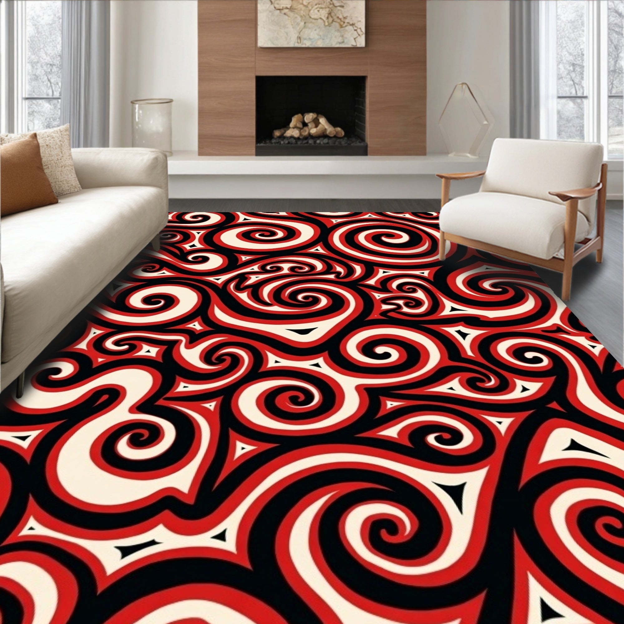 Bold Red Swirls Abstract Art Rug