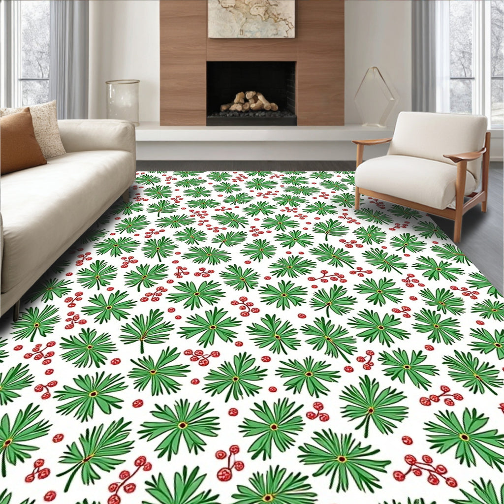 Green Leaf Red Berry Cluster Tile Rug