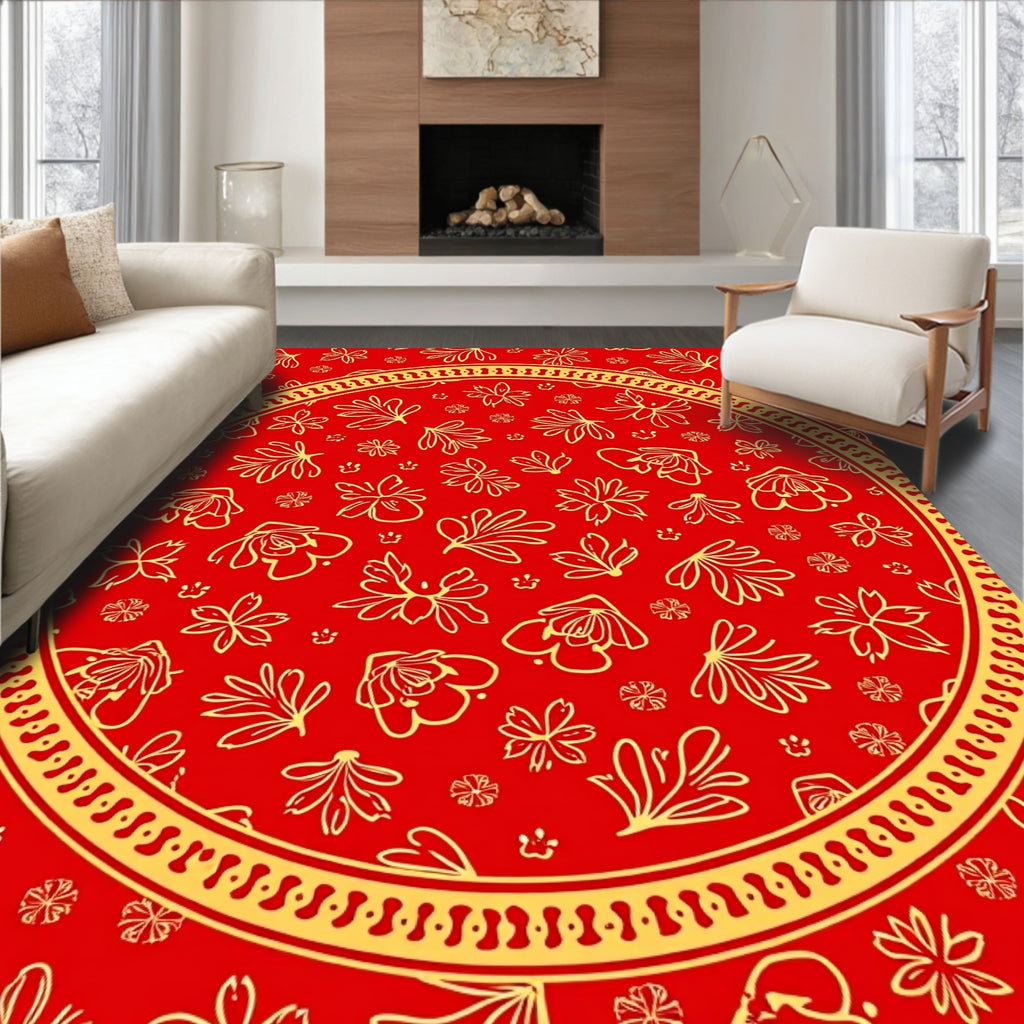 Golden Floral Medallion Red Rug