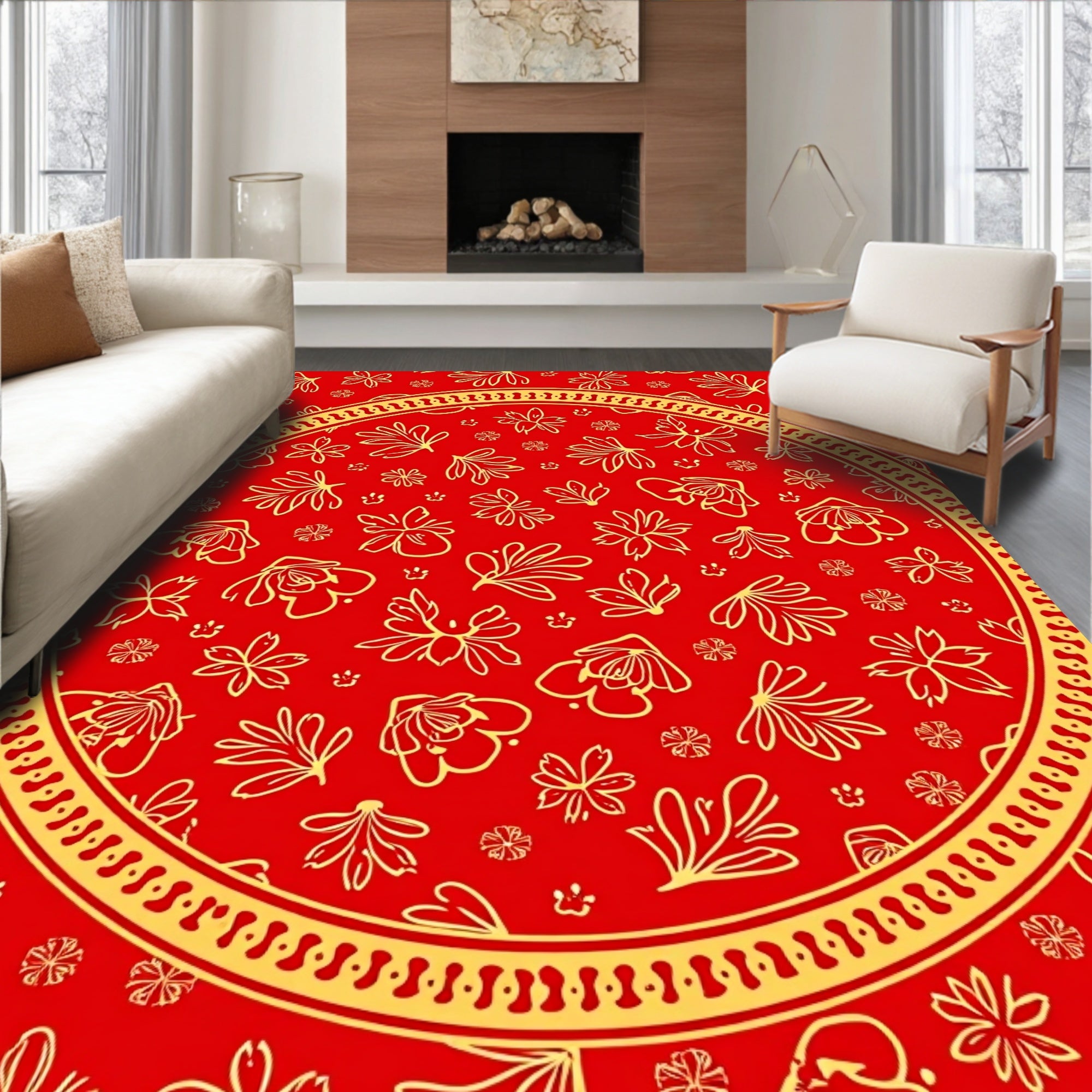 Golden Floral Medallion Red Rug