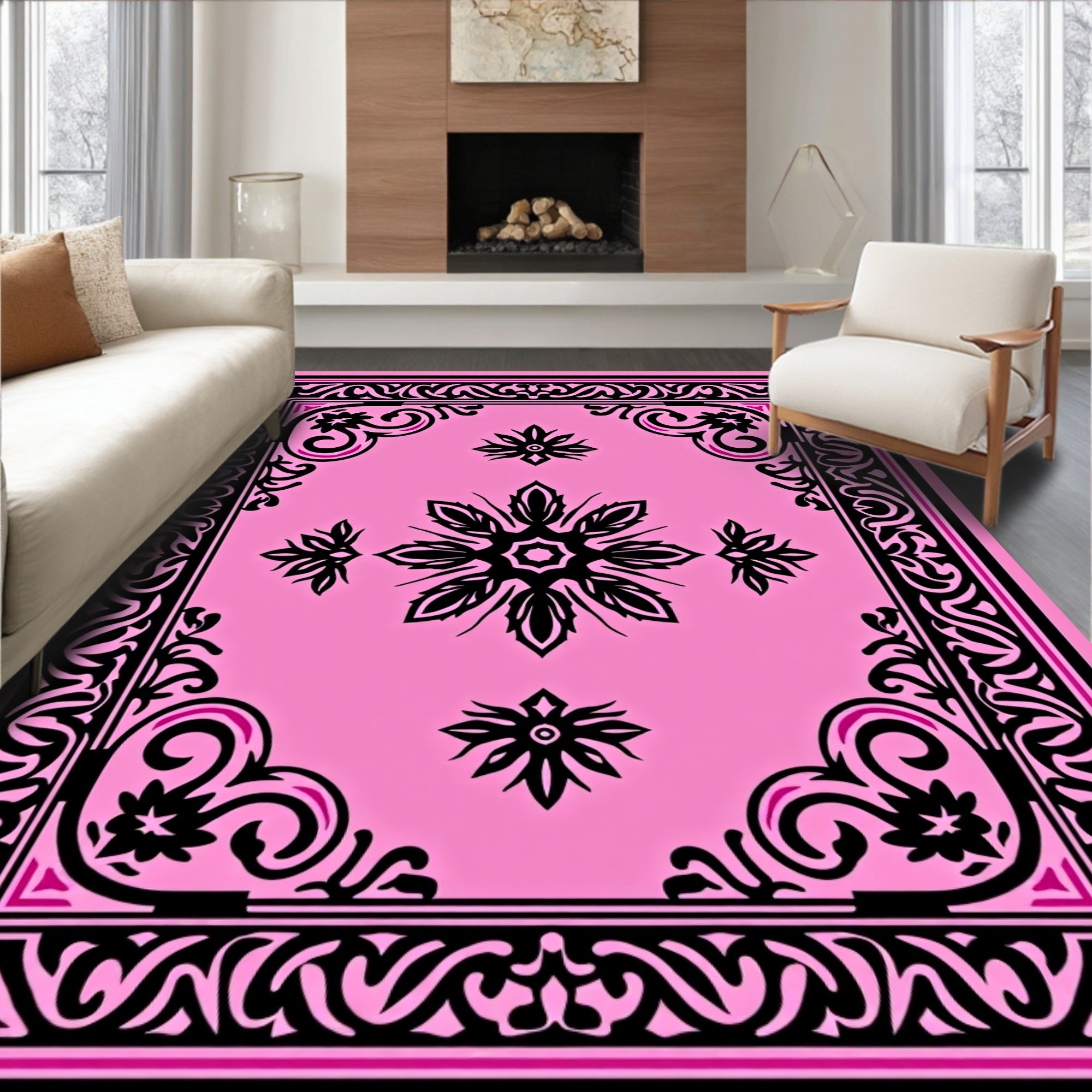 Bold Pink Floral Scroll Medallion Rug