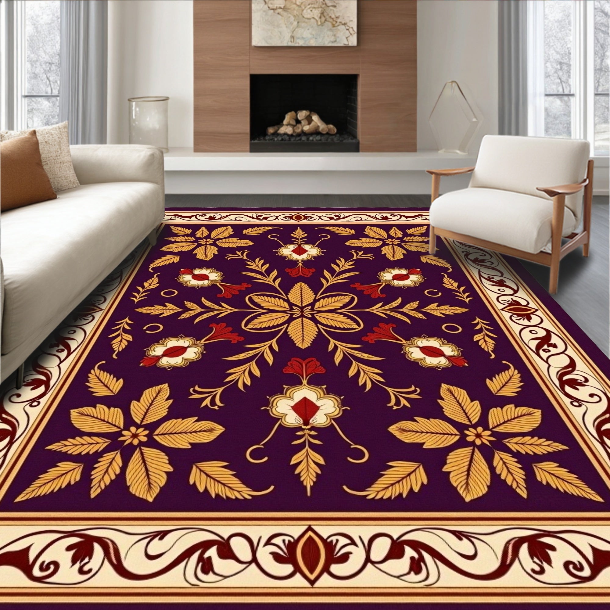 Rich Plum Floral Medallion Motif Rug