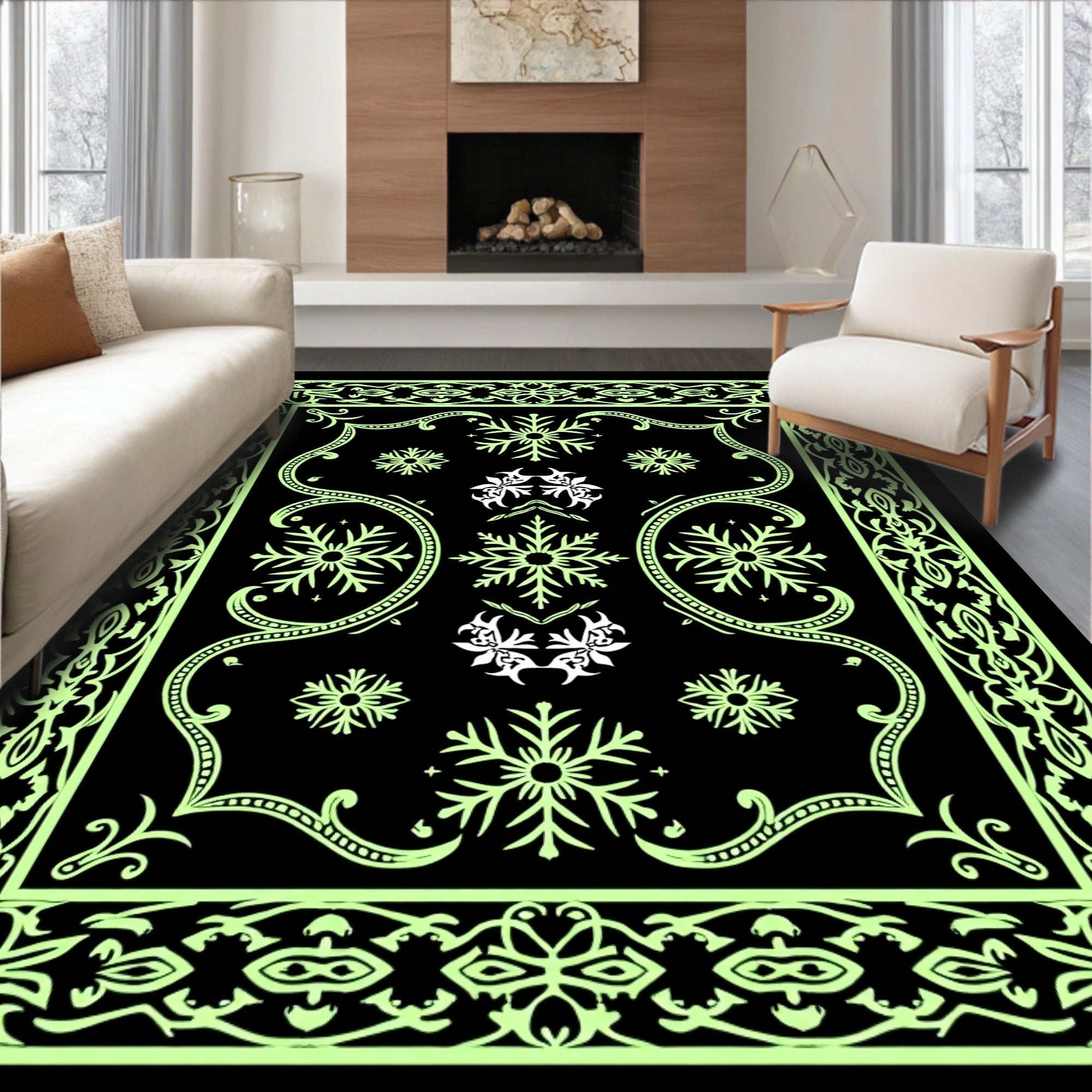 Neon Green Snowflake Border Rug