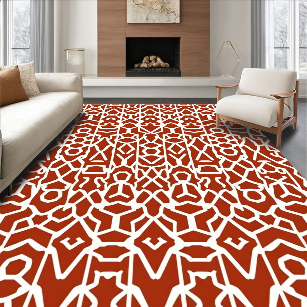 Terracotta White Abstract Geometric Symmetry Rug