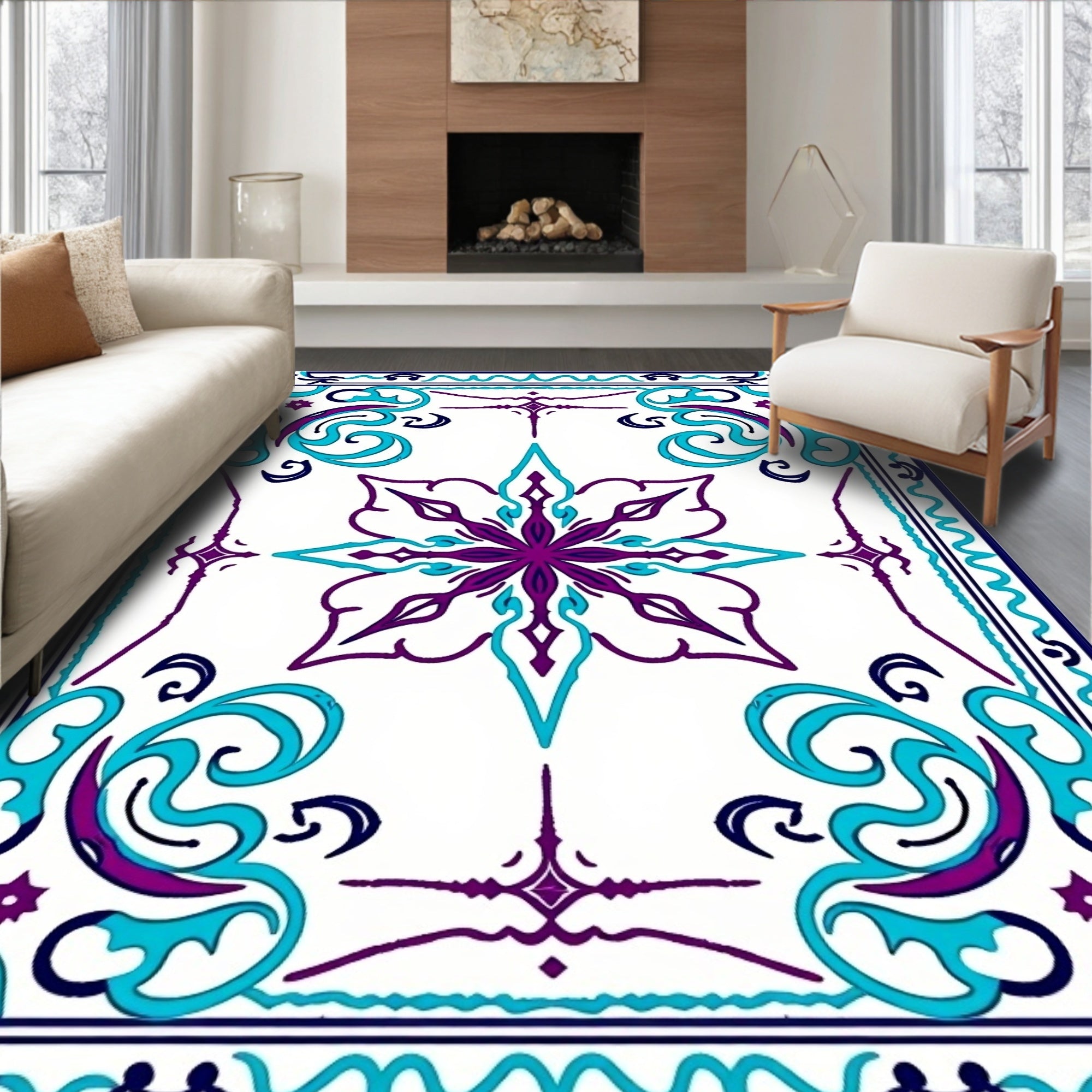 Purple Teal Floral Medallion Border Rug