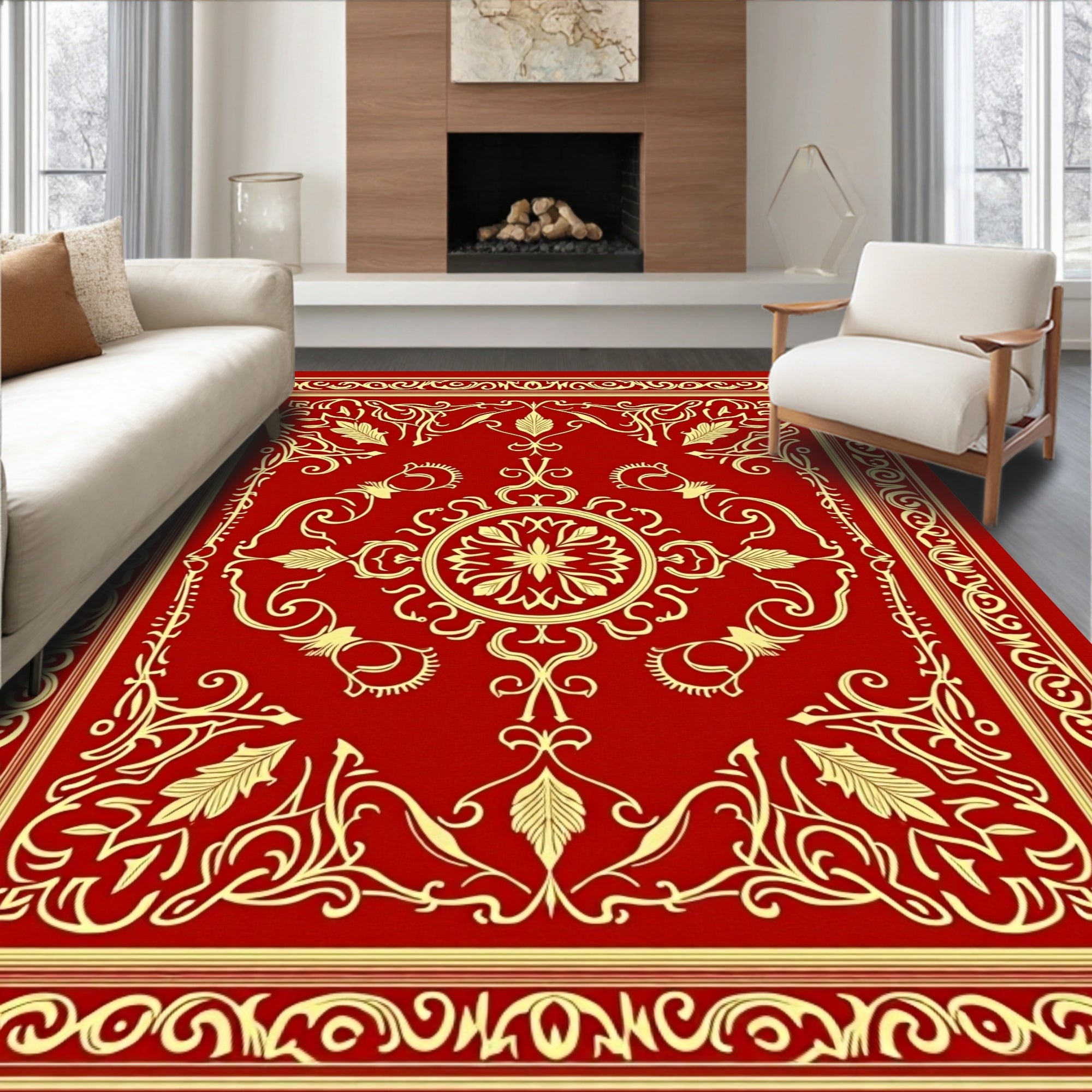 Crimson Gold Floral Medallion Border Rug