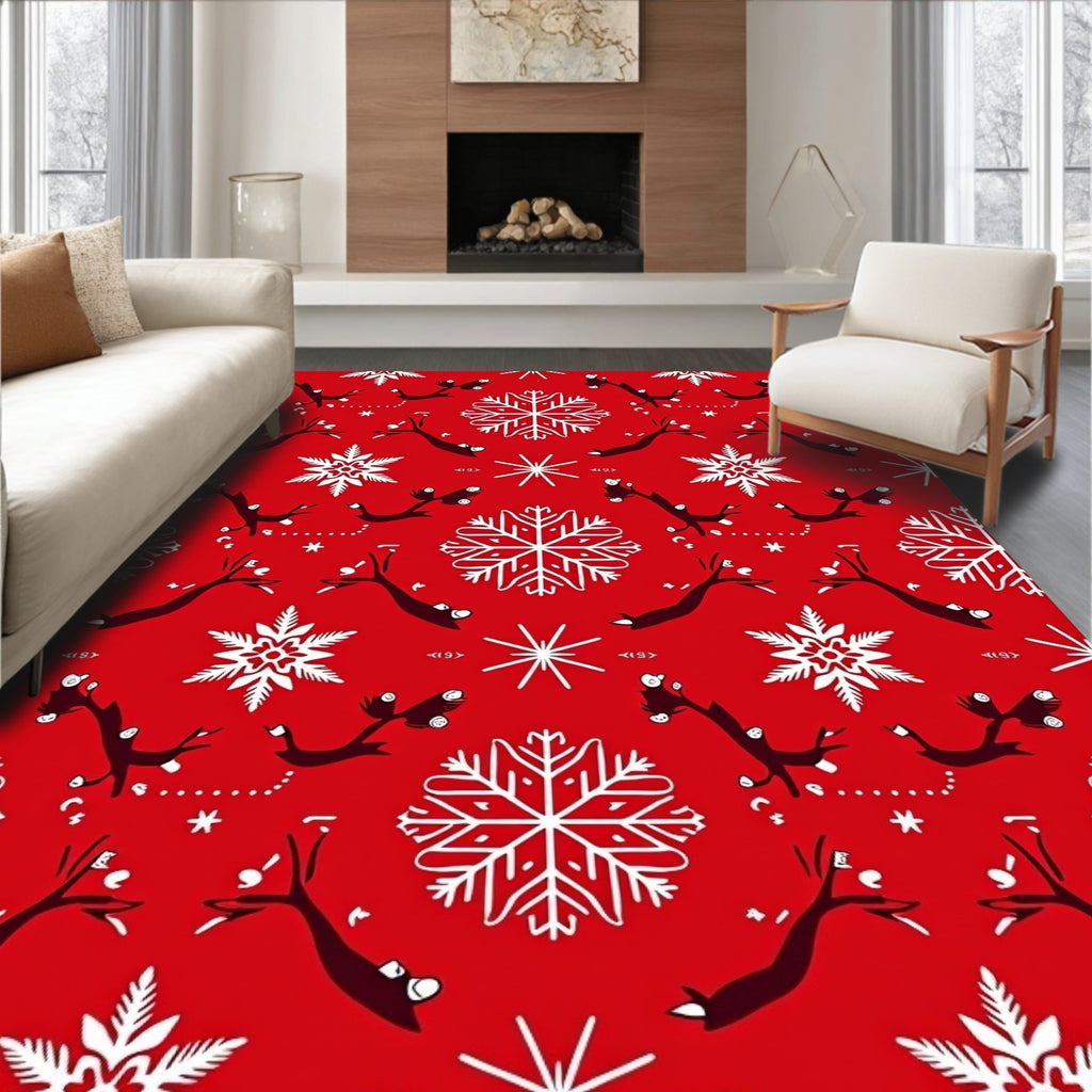 Red White Snowflake Reindeer Garland Rug