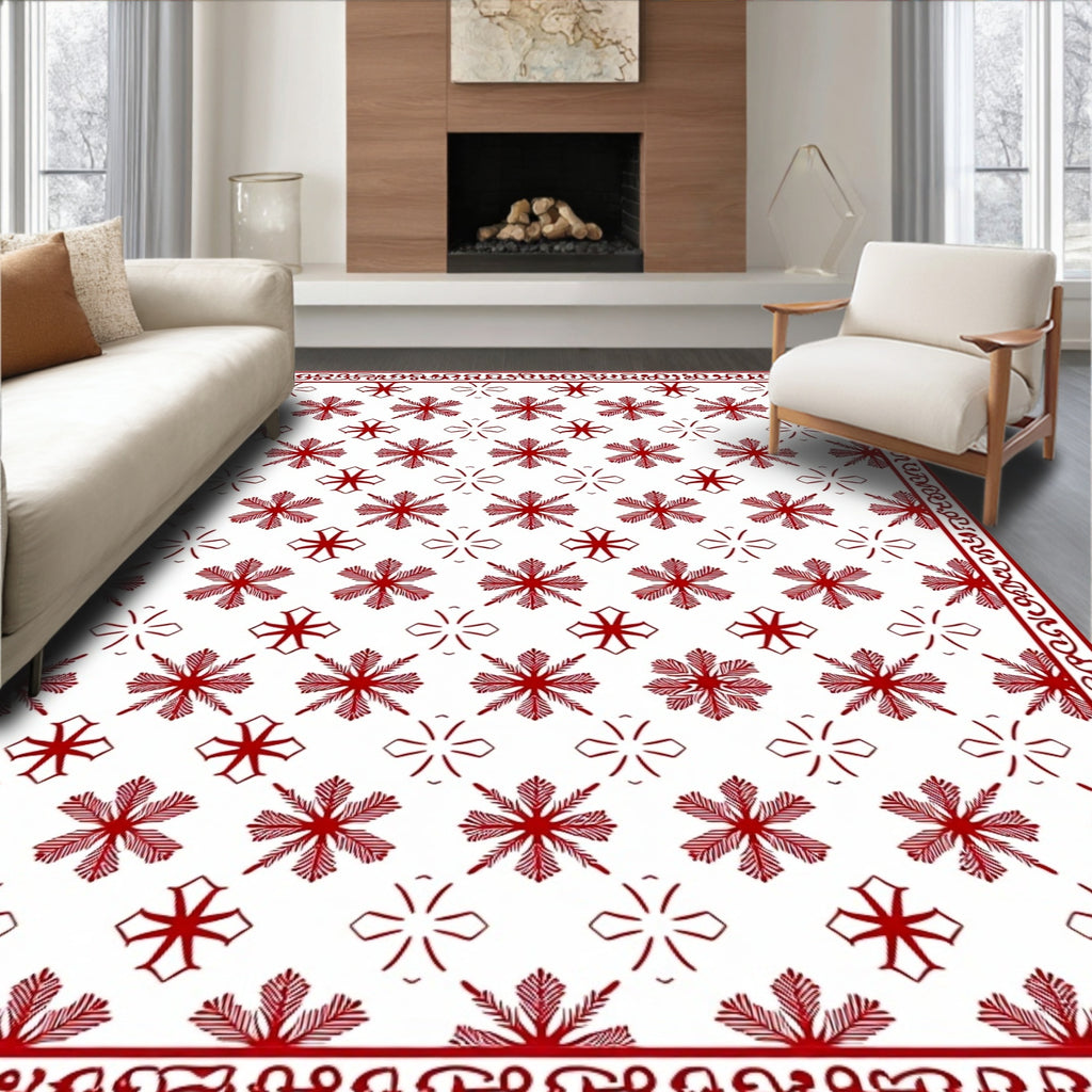 Crimson Snowflake Geometric Border Rug
