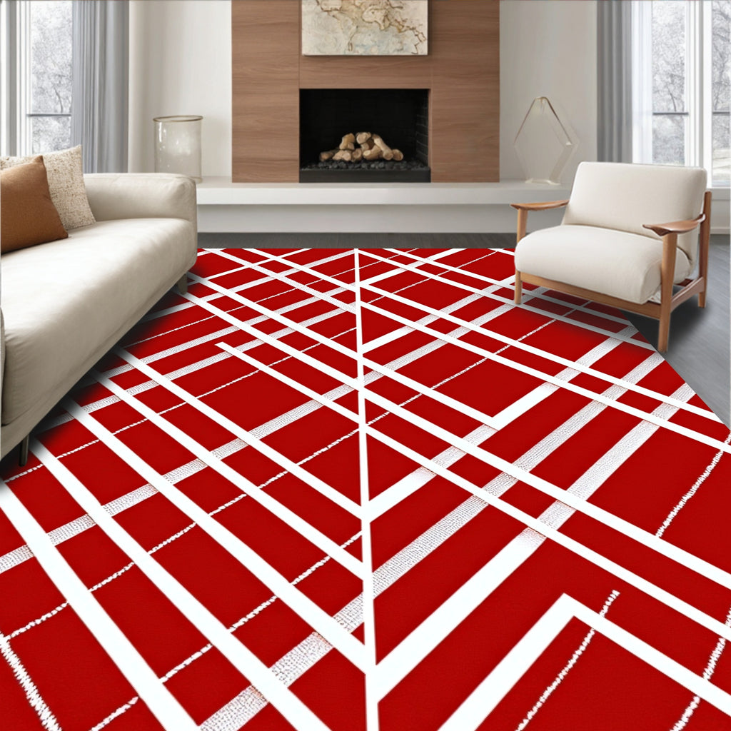 Crimson White Intersecting Stripes Rug