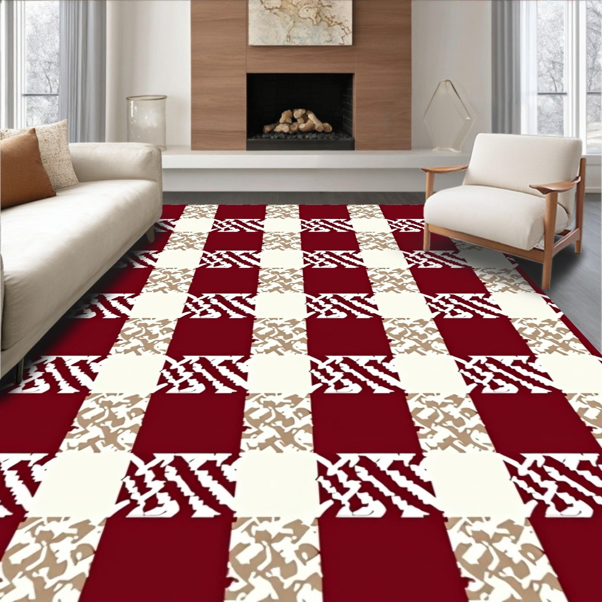 Crimson Cream Distressed Buffalo Check Rug