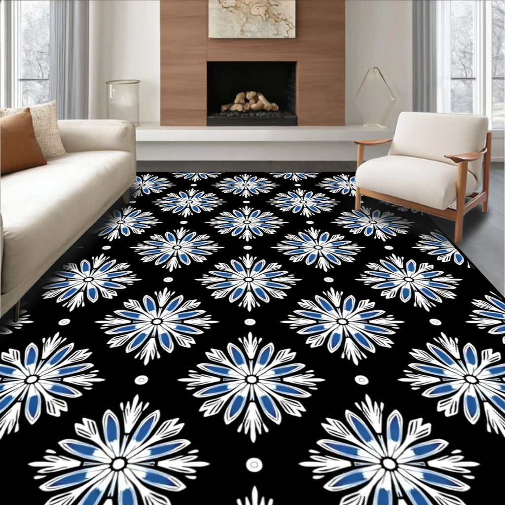 Black Blue White Floral Medallion Repeat Rug