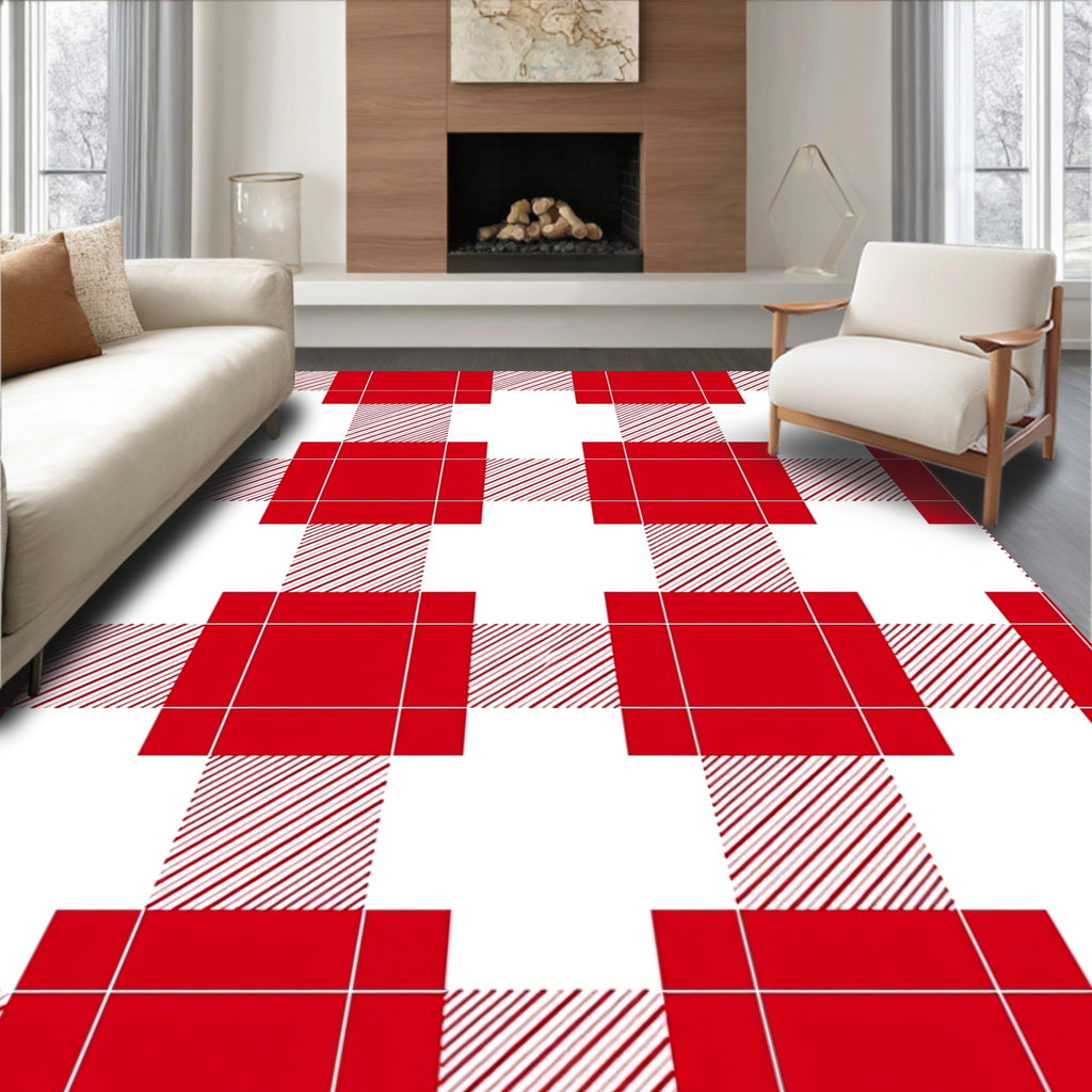 Red White Plaid Checks Rug