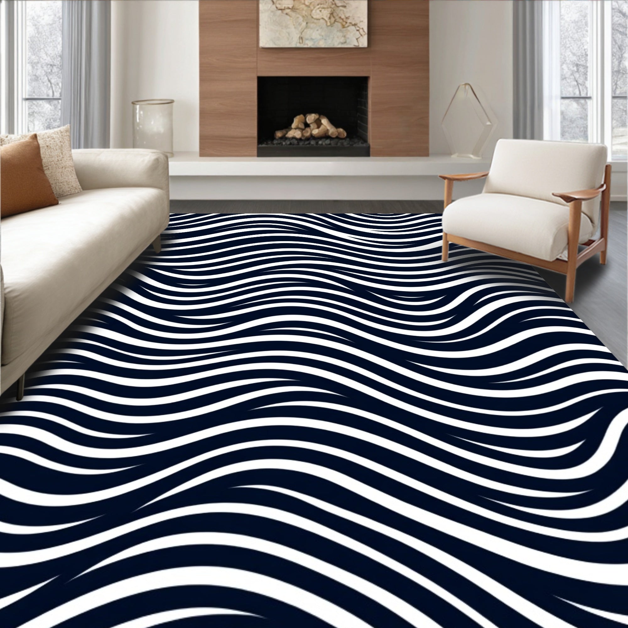 Minimalist Navy White Wavy Lines Rug