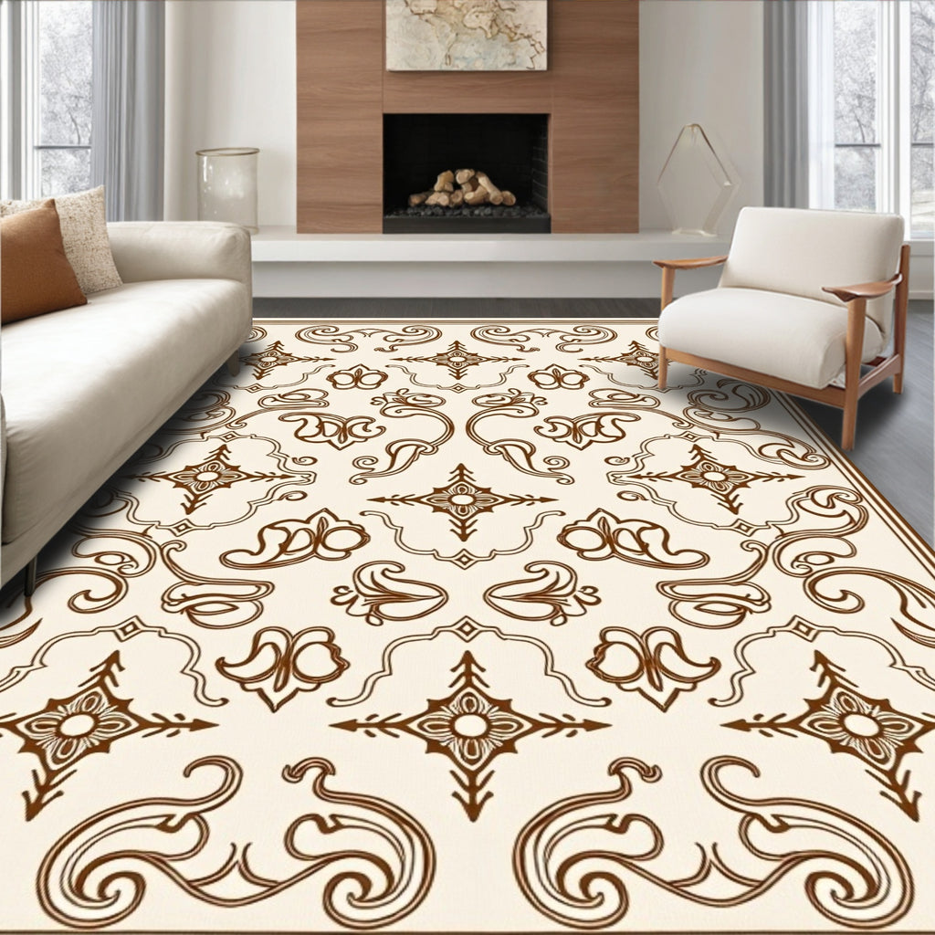 Cream Brown Vintage Scroll Medallion Rug