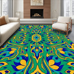 Emerald Blue Yellow Symmetrical Floral Rug