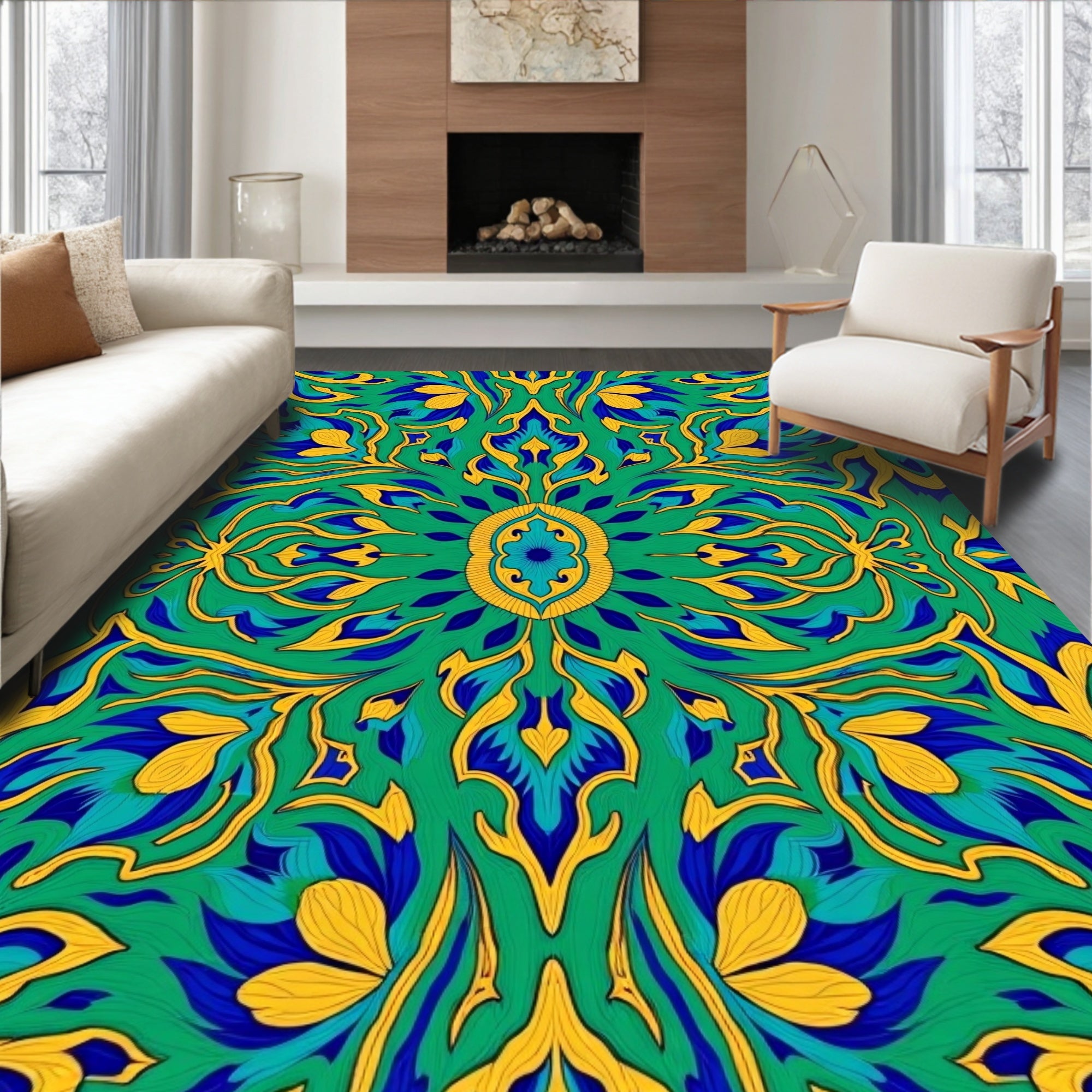 Emerald Blue Yellow Symmetrical Floral Rug