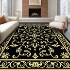 Ornate Gold Black Floral Scrollwork Rug