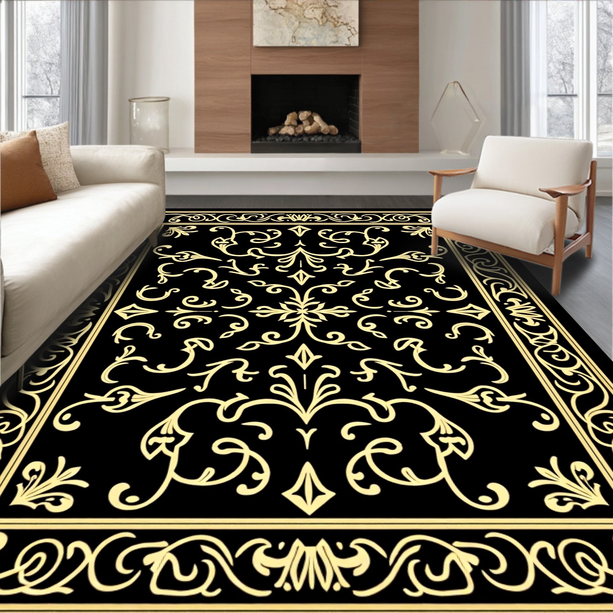 Ornate Gold Black Floral Scrollwork Rug
