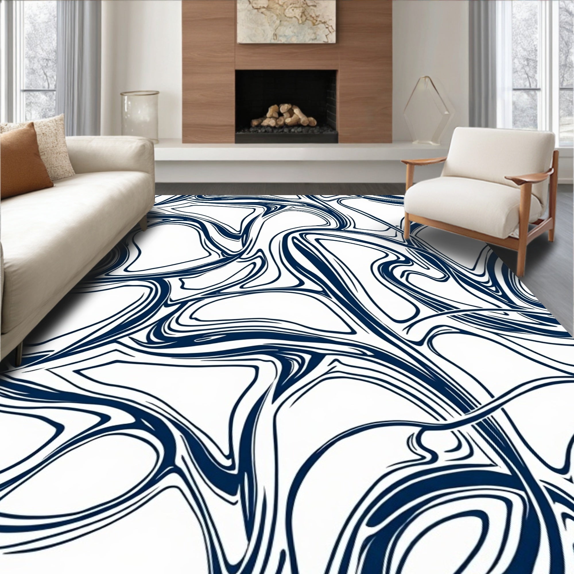 Deep Blue Swirl Fluidic Organic Rug