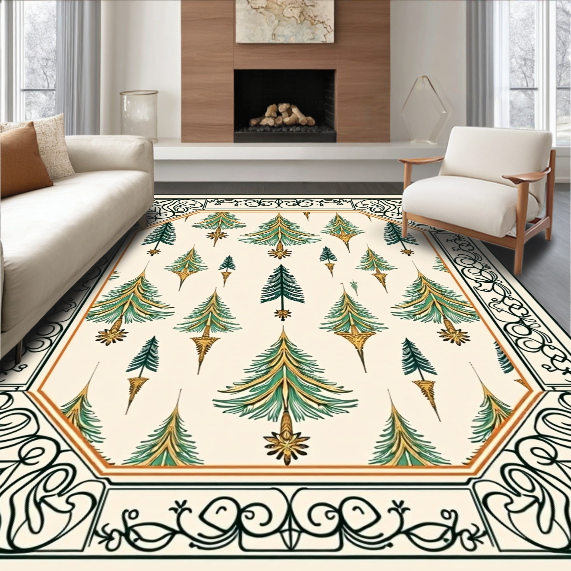 Green and Gold Pine Tree Border Rug
